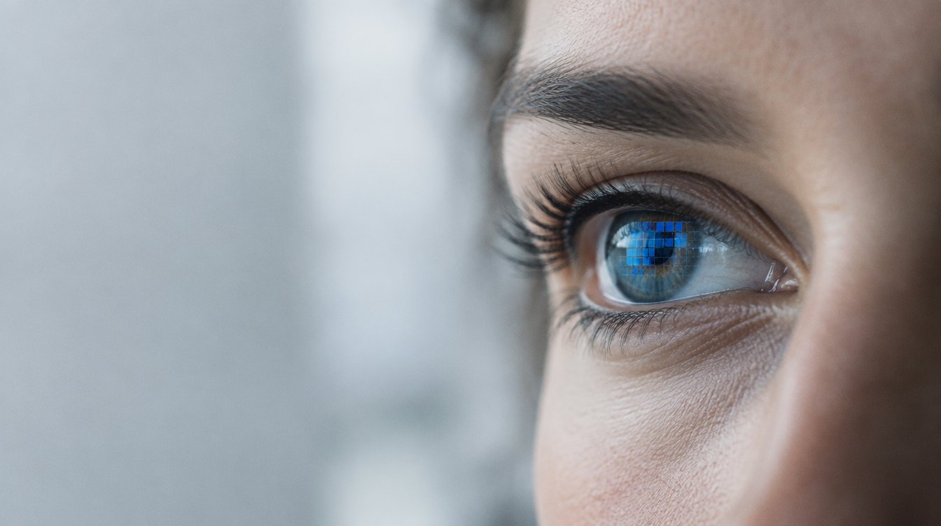 Nahaufnahme eines menschlichen Auges, in der Iris spiegelt sich ein blaues Pixelraster